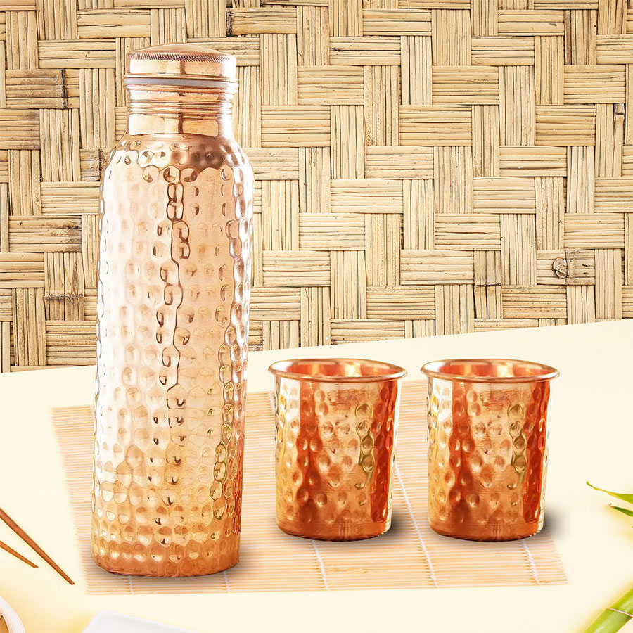 Designer Hammered Copper Bottle with Set of Two Glasses