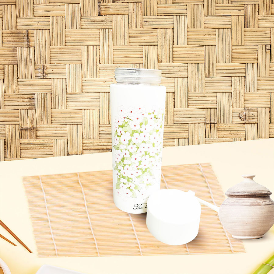 White Floral print glass water bottle