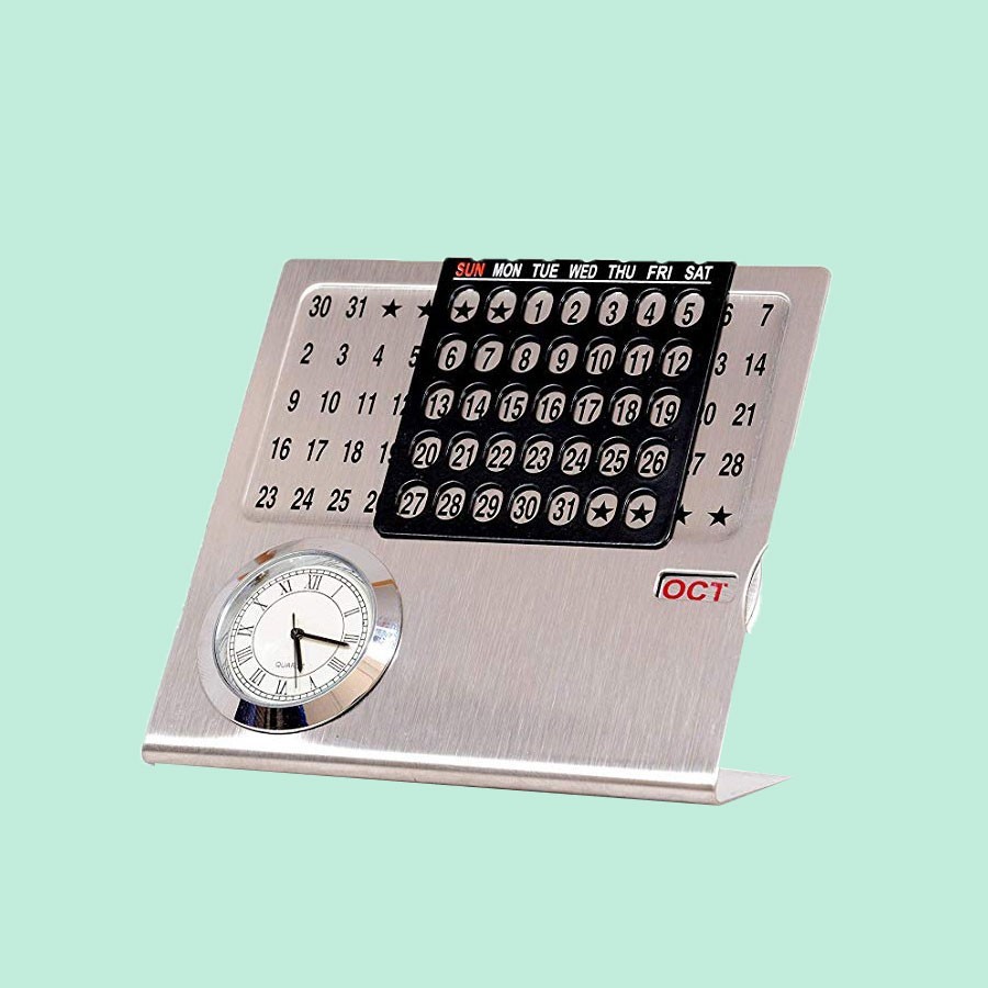 Table Calendar with Clock- Metal Table Calendar with Clock for Home, Office & Corporate Gift