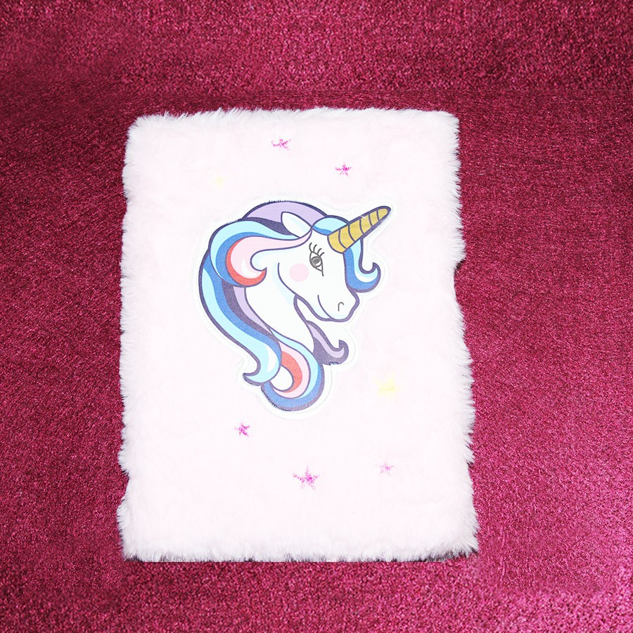 Pink Color Unicorn Fur Plush Personal Notebook Diary 