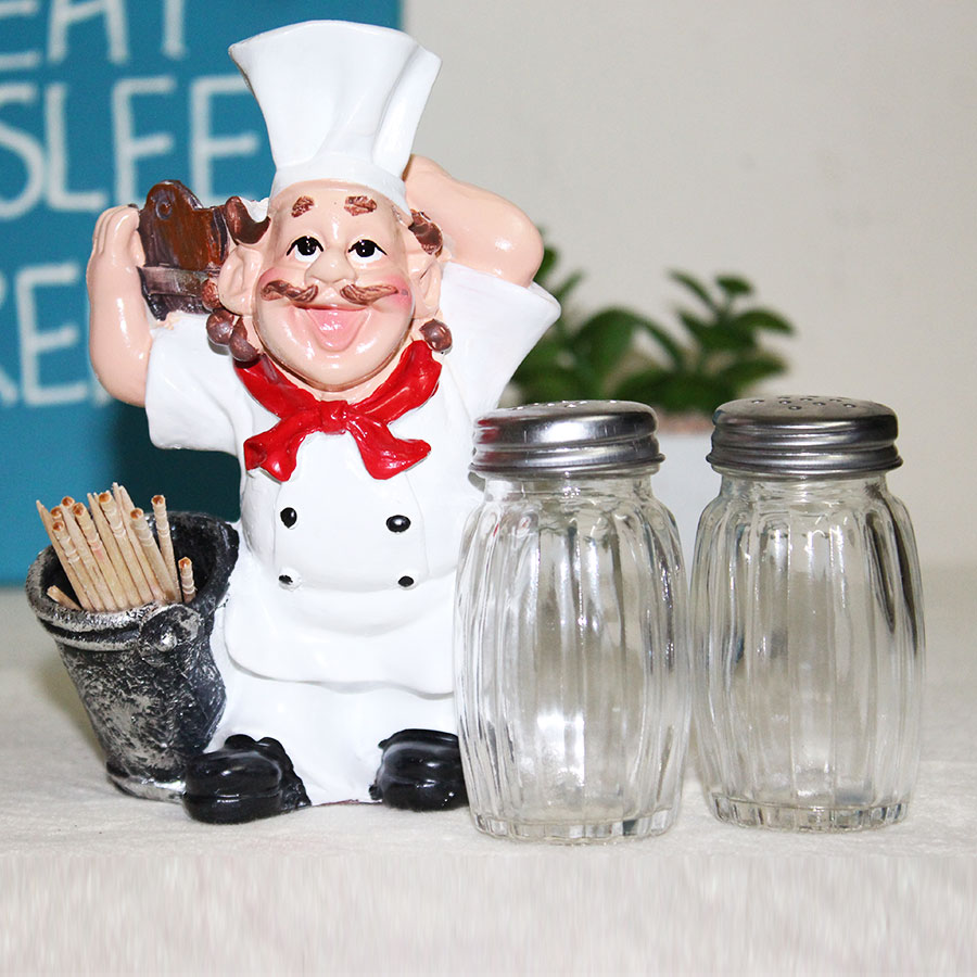 Fat Chef Kitchen Décor Novelty Salt and Pepper Shaker Set with Stand Chef 