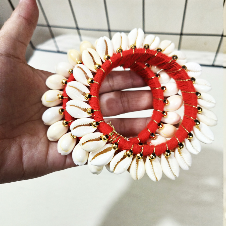 Red Color Kaudi Shells Bangle/Ring Set Of 2