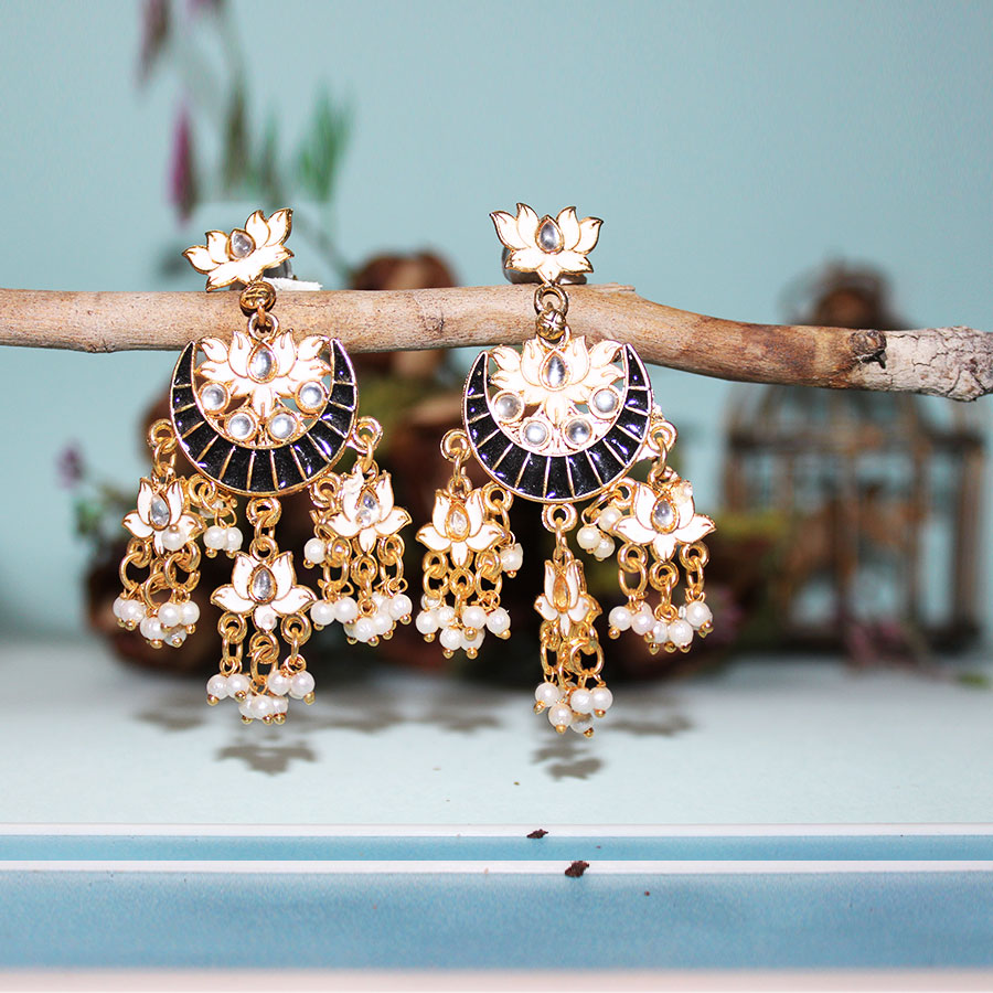 Lovely Wedding Mall  Lotus Design Pearl Beaded Meenakari Earrings