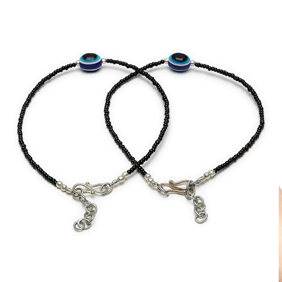 Set Of Silver-Plated Black Blue Beaded Evil Eye Handcrafted Anklets