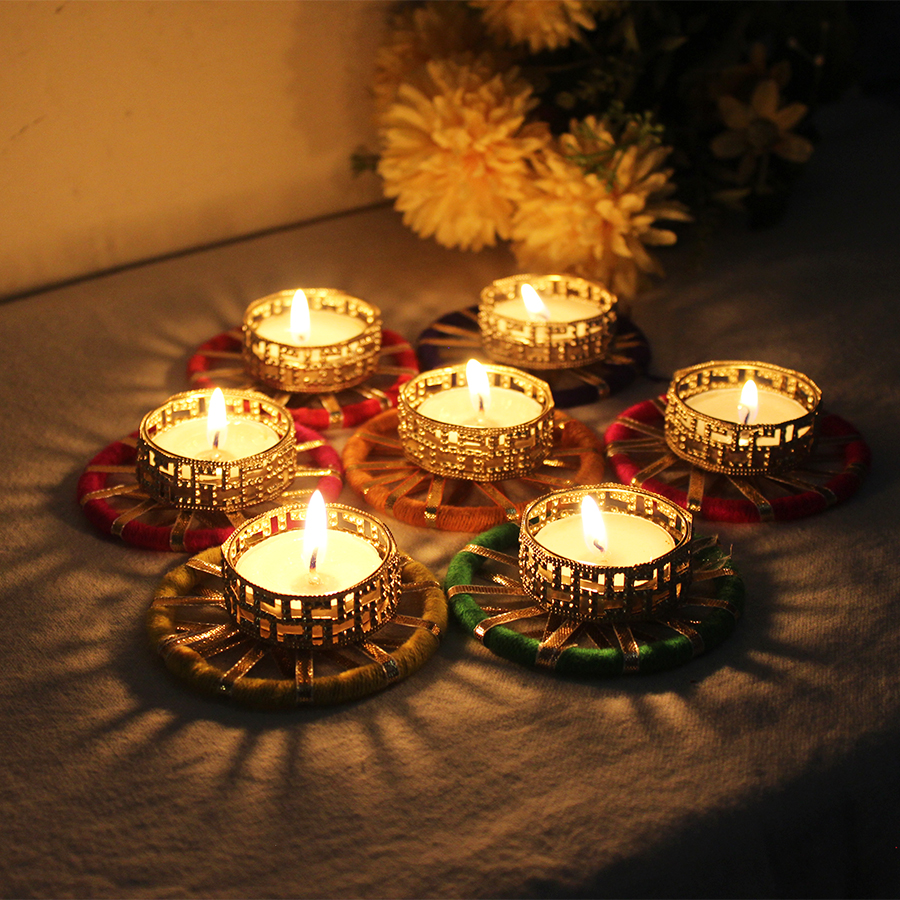 Multicolor Round Gota Patti Flower Design Metallic Diya Tea Light Candle Holder Candle Stand for Diwali Home Decoration Puja Articles Decor Gifts TeaLight (Pack of 6)