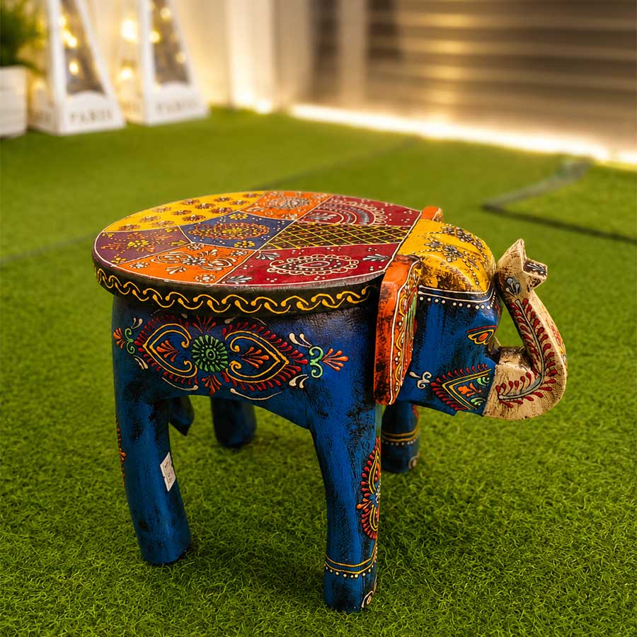 Blue Handpainted Wooden Elephant Stool