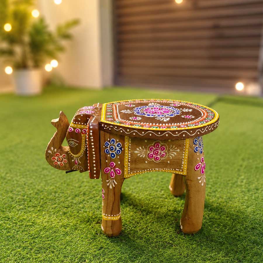 Natural Handpainted Wooden Elephant Stool