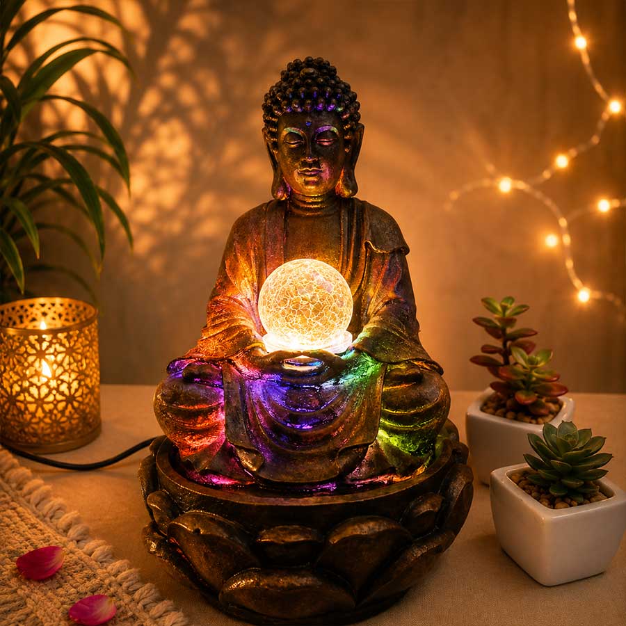 Buddha Fountain With Indoor Outdoor Water Fountain with Led Lights for Home Decor and Office Decoration