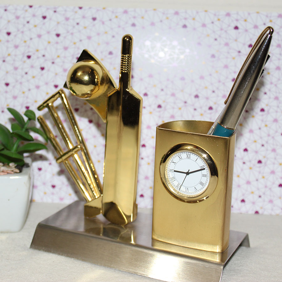 Cricket Clock with Pen Stand in Golden Color