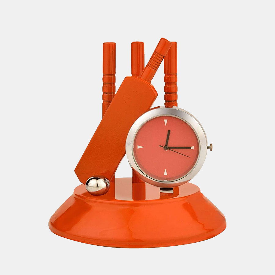 Orange Cricket Set Table Clock for Home Office and Gifting