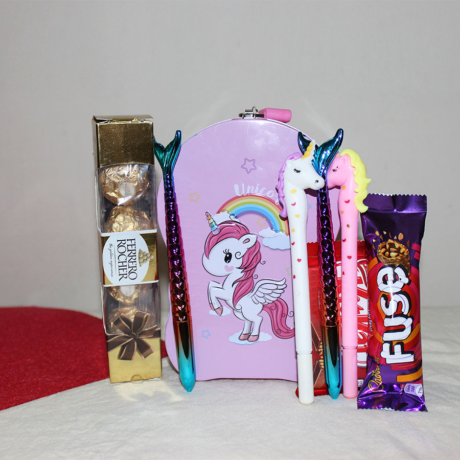 Piggy Bank Cu Box full of  Unicorn, Mermaid Pen and Ferrero Rocher Chocolates