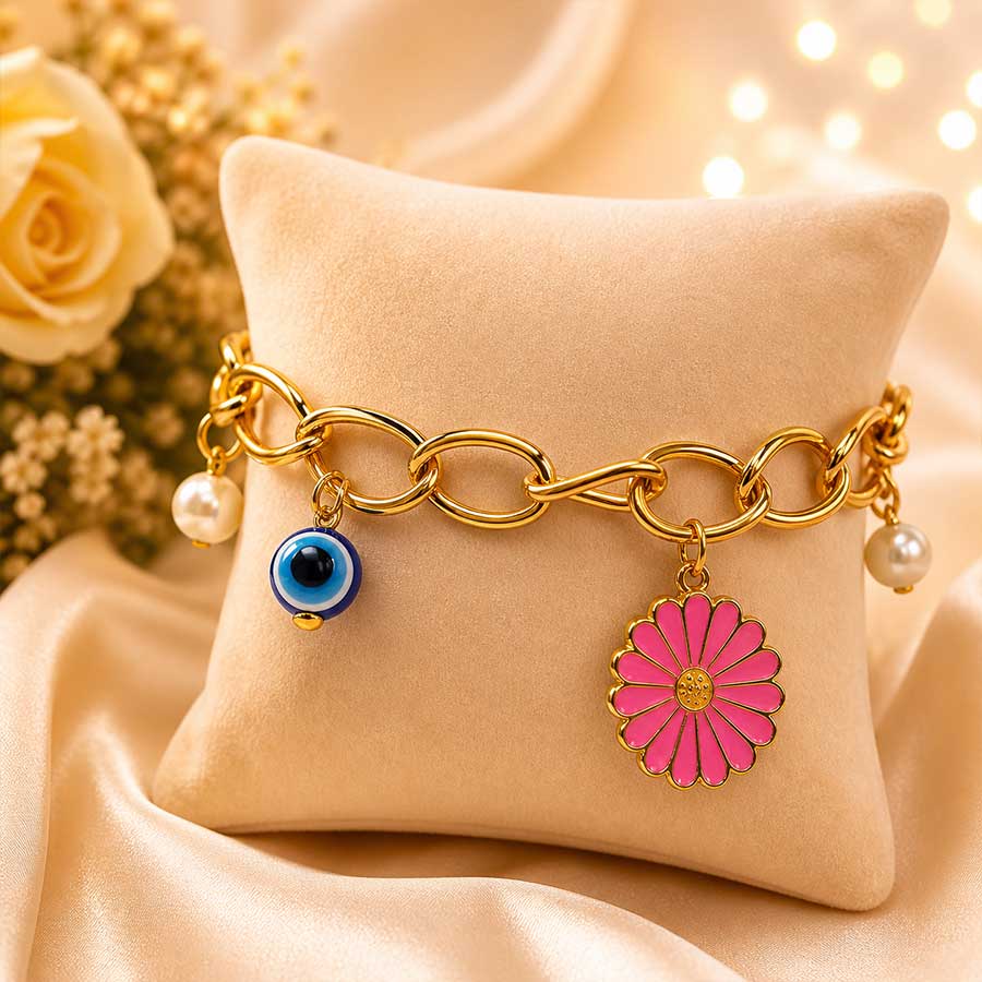 Fashionable Evil Eye with Pink Daisy Charme Braclate