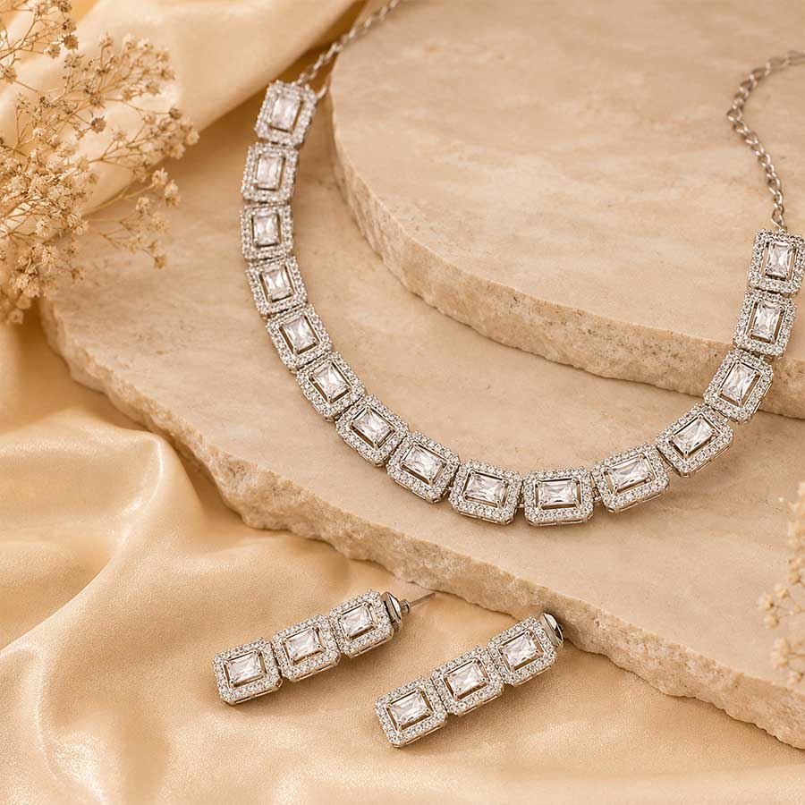Silver-Plated White AD-Studded Handcrafted Jewellery Set