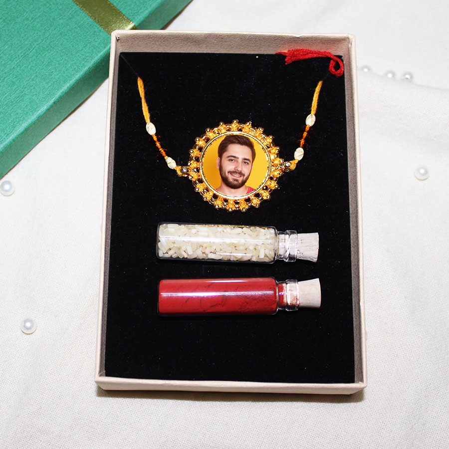 Personalized Metal Rakhi With Roli Chawal Bottle Packed with box Packed in Gift Box
