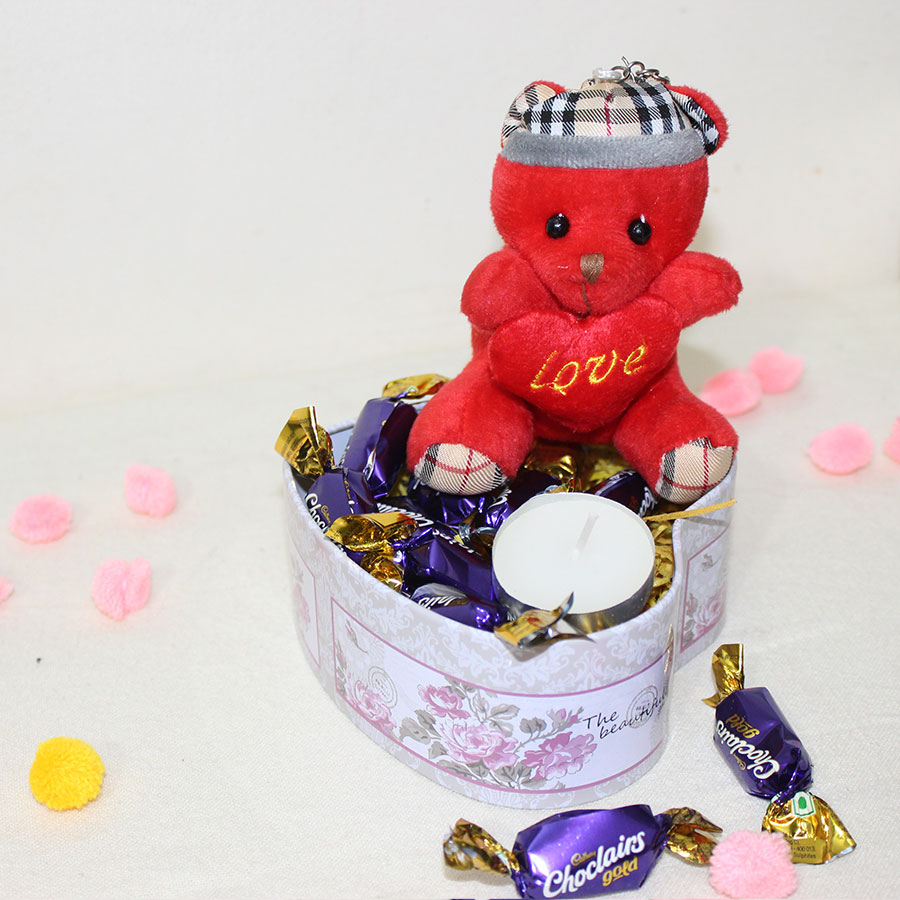 Teddy with Chocolates and Tea light come in a heart shape tin box