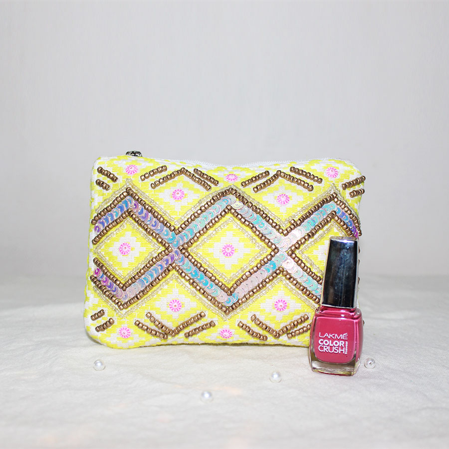 Yellow Color Hand Embroidered Pouch with  Lakme Nail Paint